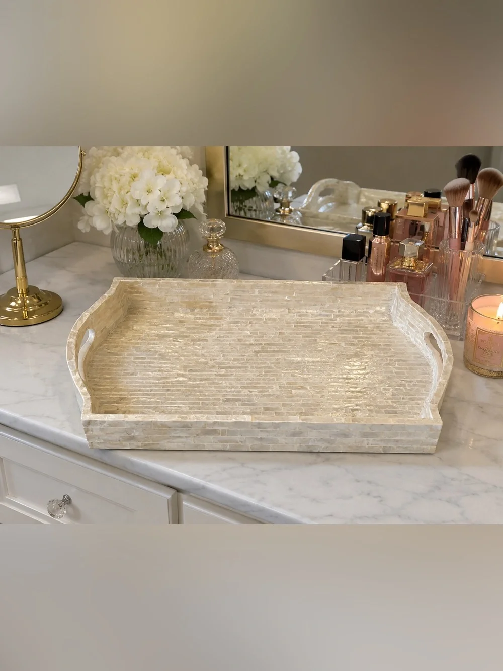 At Home Faux Capiz Shell Decorative Tray 15x10 Pearl Mosaic Vanity Organizer